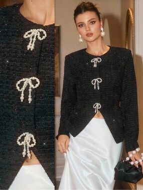 TWEED TWINKLE Black Textured Jacket with Pearl Bow Closures XS S M